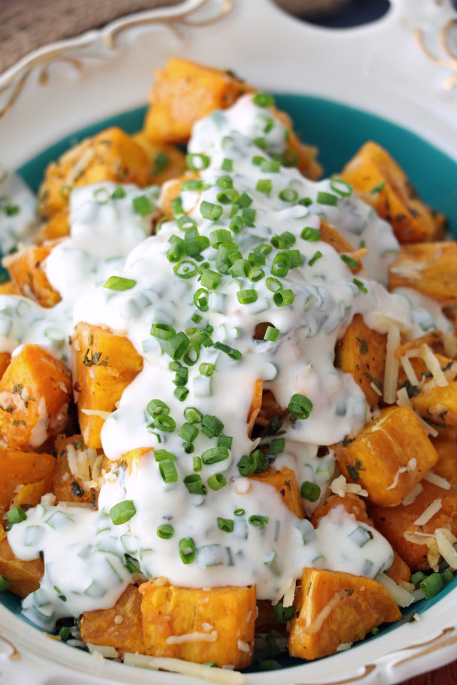 Baked Sweet Potato Cubes with Parmesan and Sour Cream-Chives