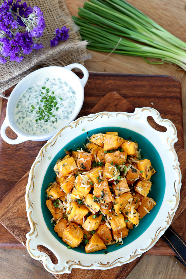 Baked Sweet Potato Cubes with Parmesan