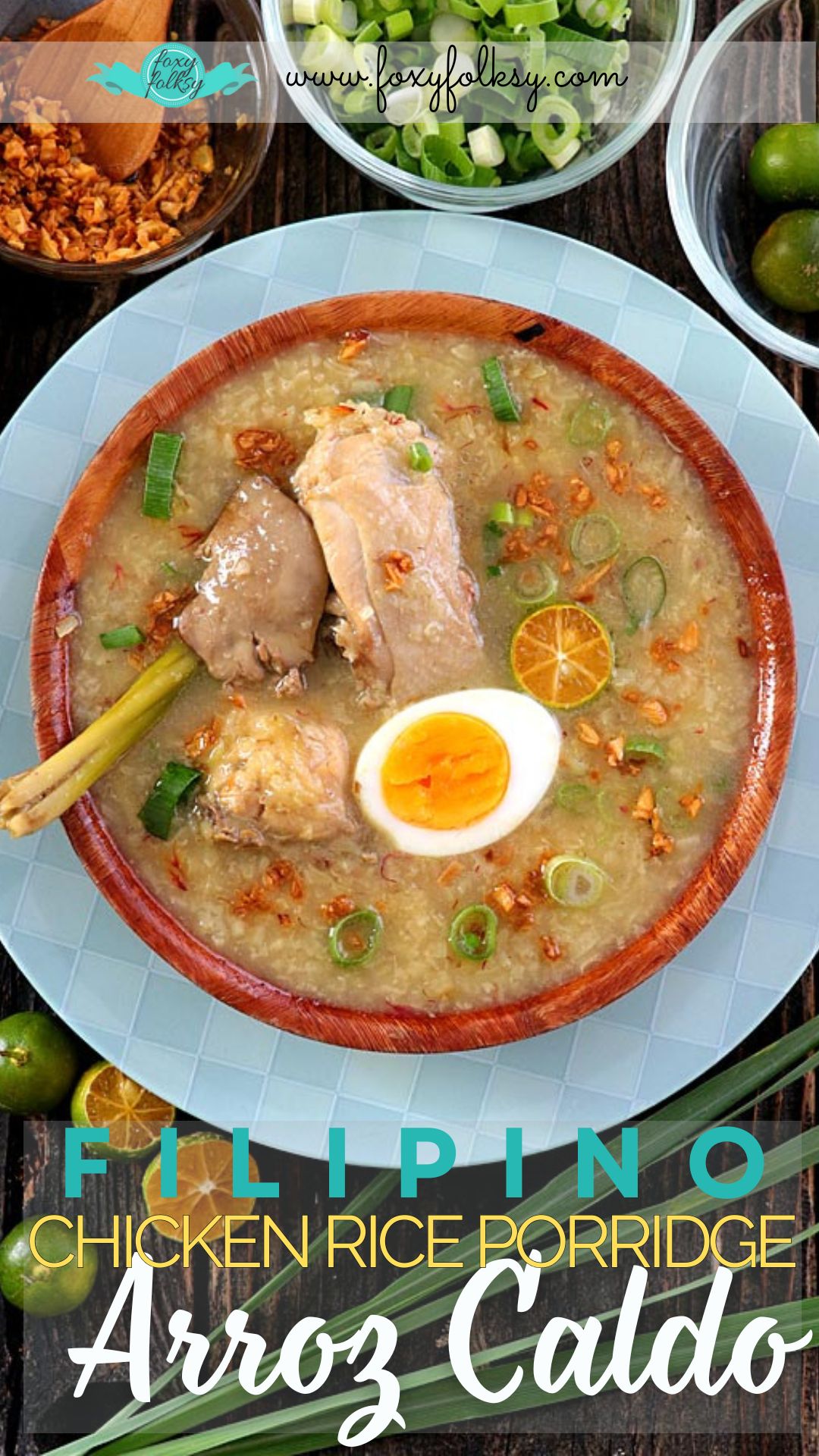 Filipino Arroz Caldo from glutinous rice, chicken, ginger, lemongrass with hard-boiled egg and brown garlic toppings