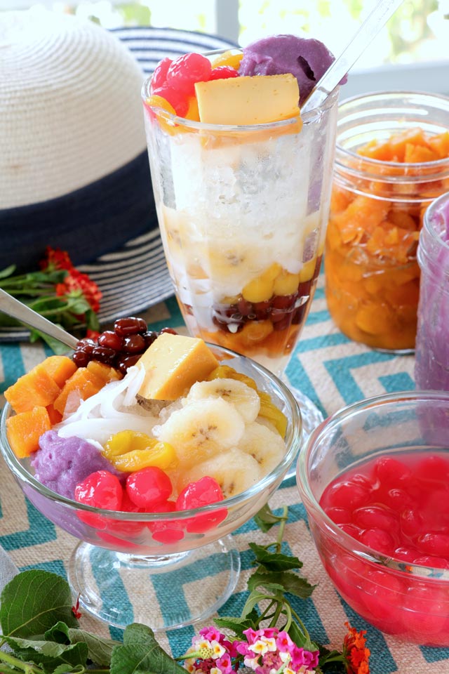 Halo Halo with sweet potato, cooking bananas, sago, chickpeas, adzuki, jackfruit, ube and leche flan