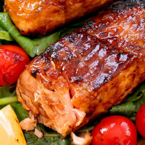 Pan-seared Honey Glazed Salmon with crispy charred edges and flaky, juicy meat