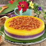Filipino Sticky Rice Cake with 3 layers, white, violet and yellow.