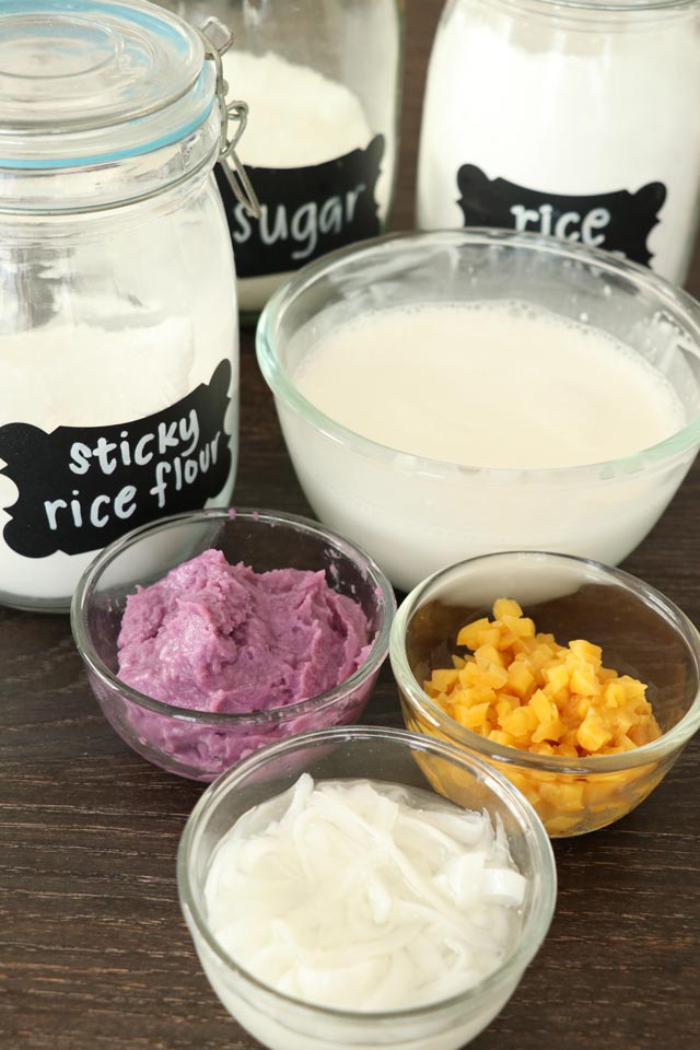 Sapin-Sapin Ingredients with glutinous rice flour, coconut milk, sugar and flavors like ube, jackfruit and coconut sport strings.