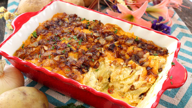 Cheesy Potato Casserole Recipe with caramelized onions