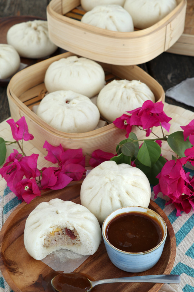 Filipino Steamed Pork Buns with minced pork, sakted egg and Chinese Sausage