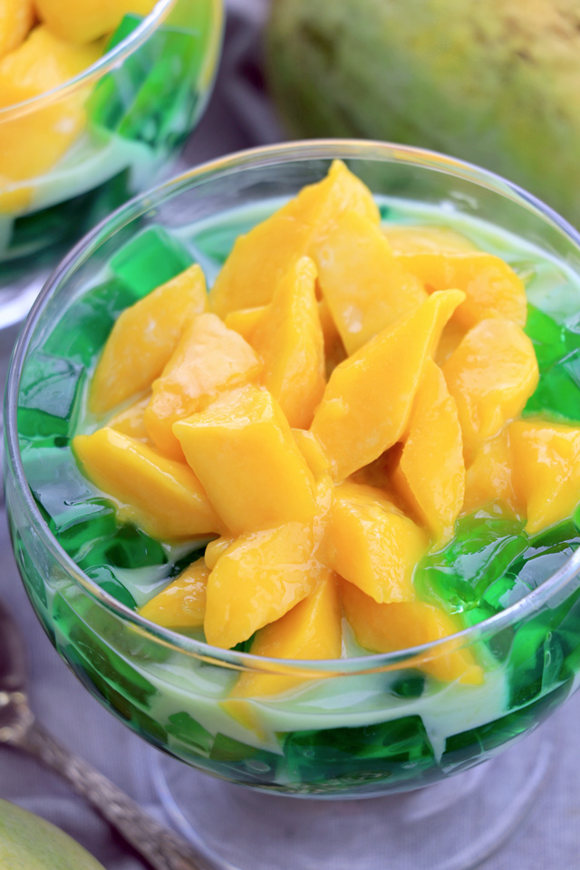 Mango Pandan dessert in a glass.