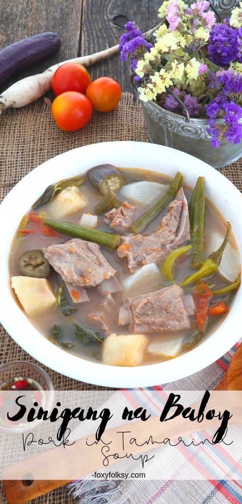 Sinigang na Baboy is a Filipino pork sour soup with tamarind and vegetables. 