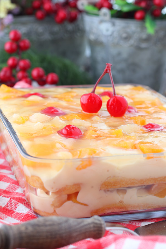 Crema de Fruta- layered dessert of cake, custard, fruit cocktail and gelatin.