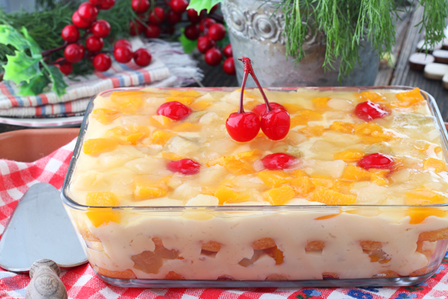 Crema de Fruta- layered dessert of cake, custard, fruit cocktail and gelatin.