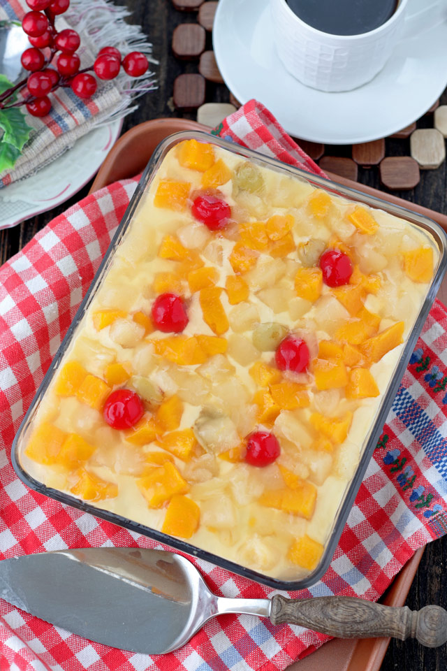 Crema de Fruta with fruit cocktail and cherries.