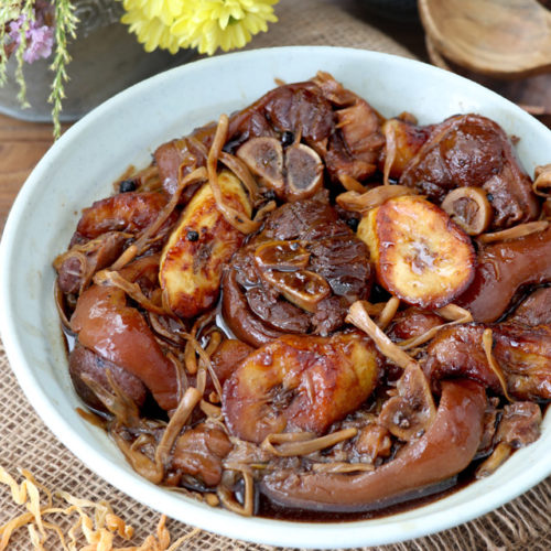 Pork Estofado with banana blossoms and fried saba