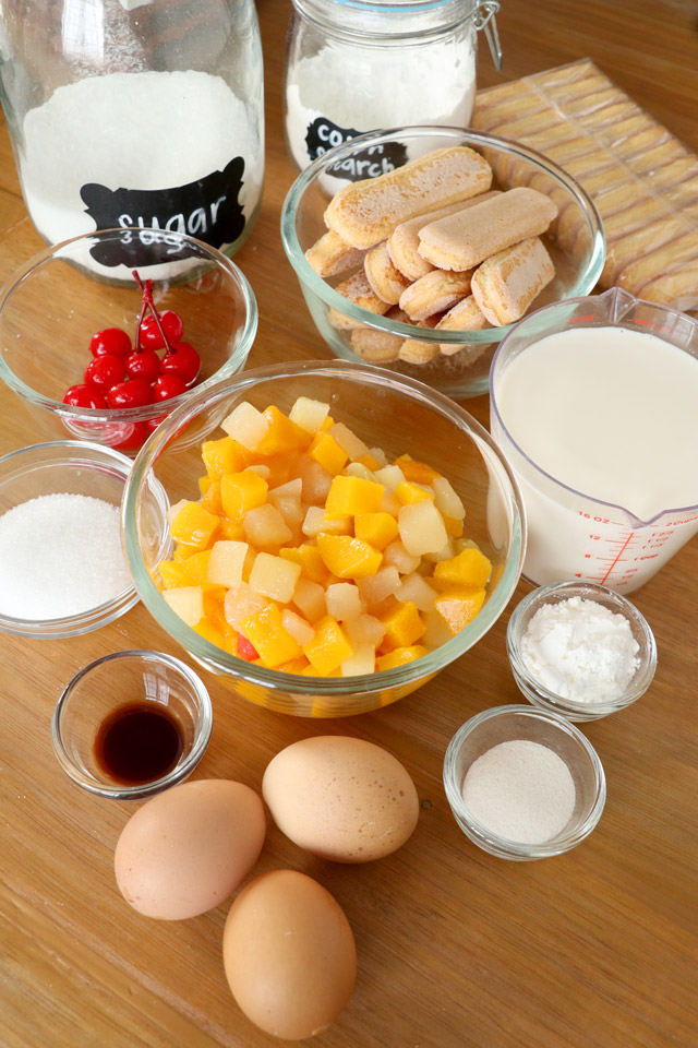 Ingredients: ladyfingers, fruit cocktail, egg yolks, cornstarch, sugar, milk, vanilla, gelatin