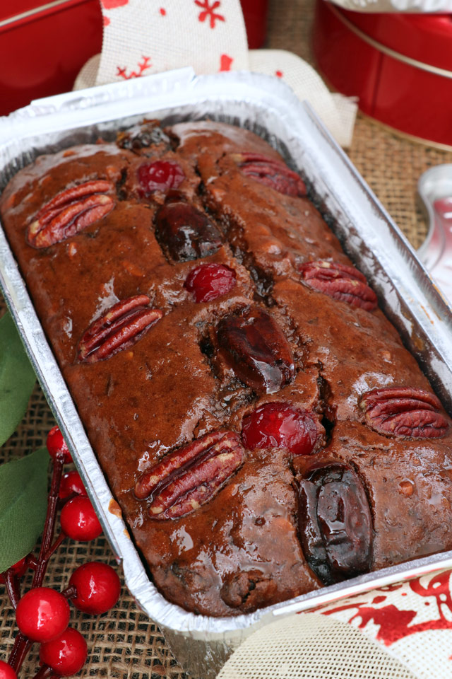 fruitcake in disposable tin pan