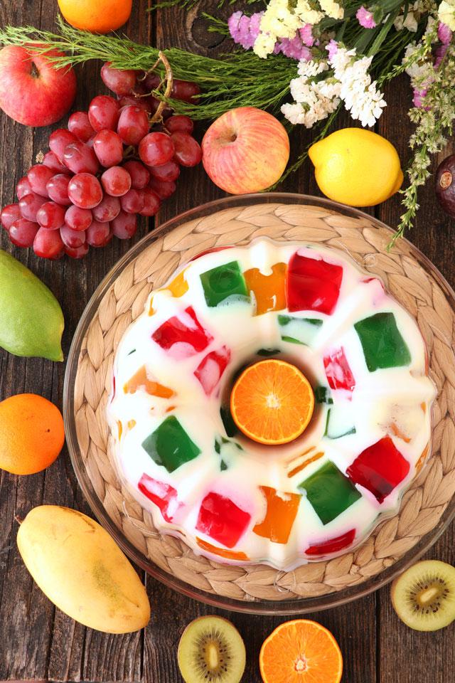 Broken Glass Jello in red, green, white and yellow.