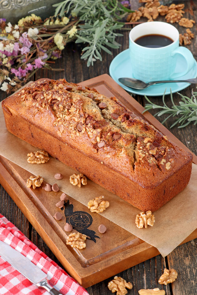 Banana Bread with chocolate chips and walnuts.