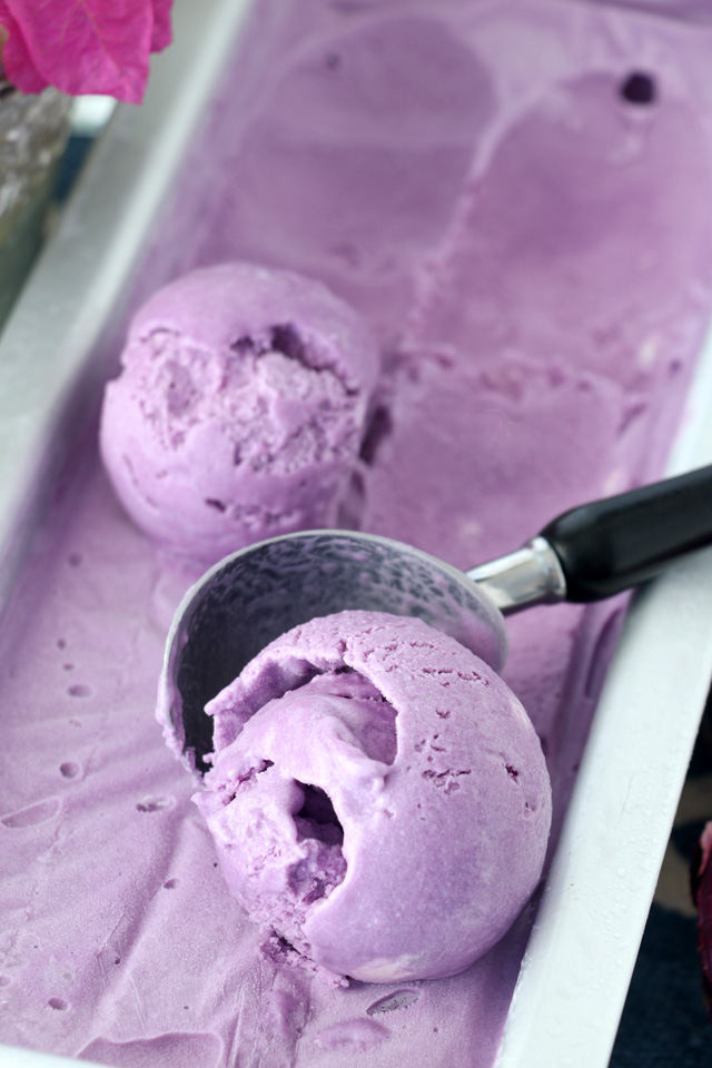 purple ice cream being scooped