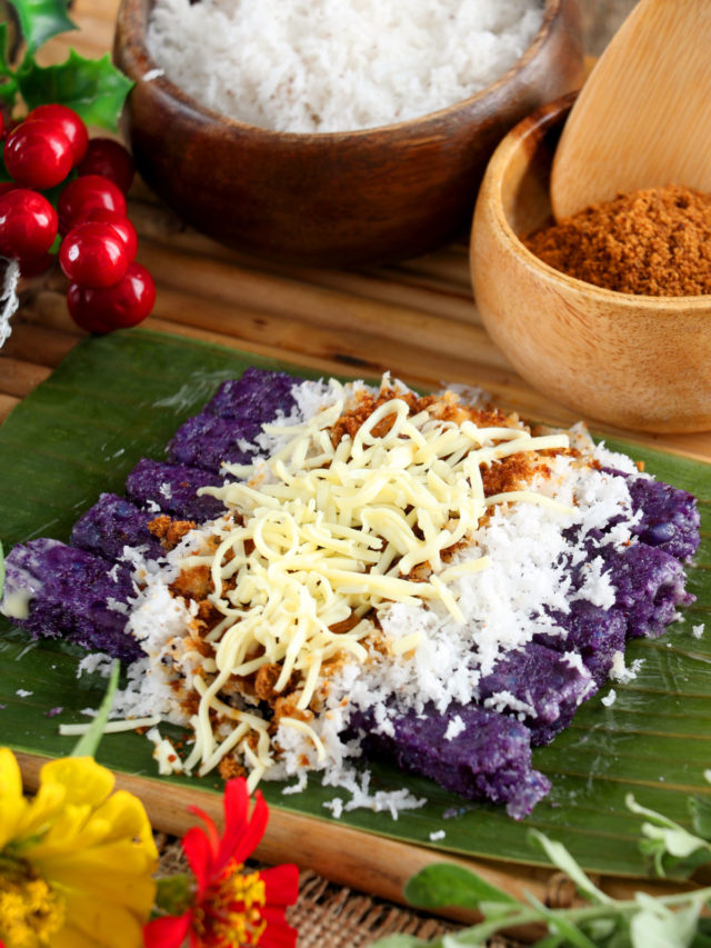 Steamed purple rice cake with grated coconut and muscovado