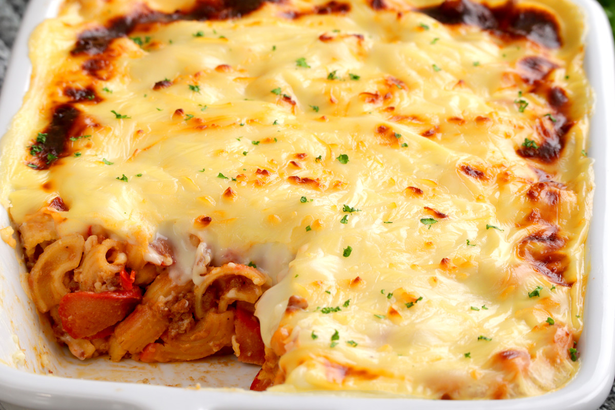 Filipino-style baked macaroni topped with cheese.