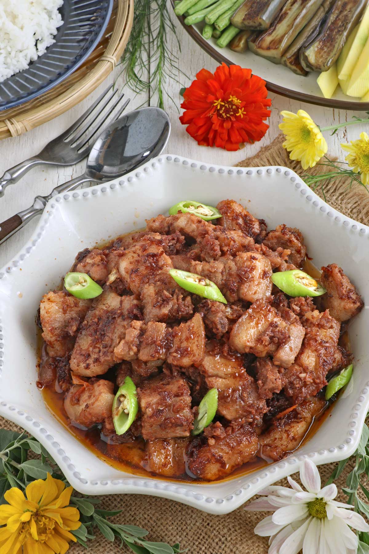 Binagoongan is pork cooked in shrimp paste.