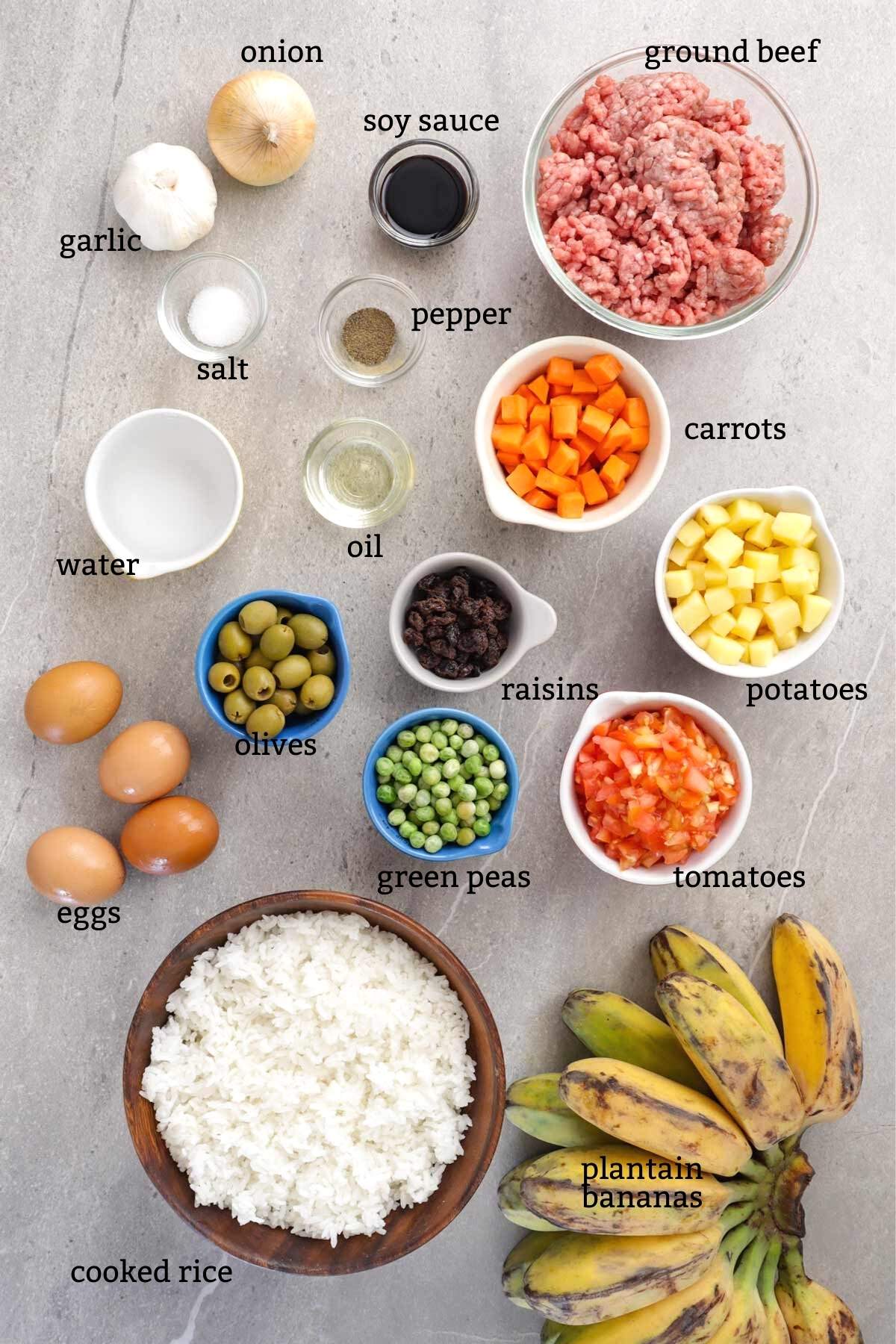 Ingredients for making Arroz ala Cubana dish.