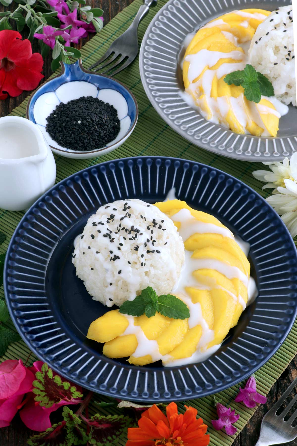 A plate of Thai mango sticky rice. 