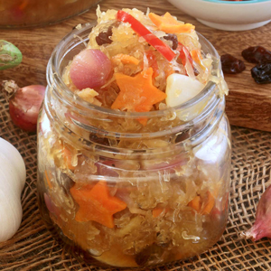 Achara -Green Papaya Relish with onions, carrots, bell pepper, raisins.