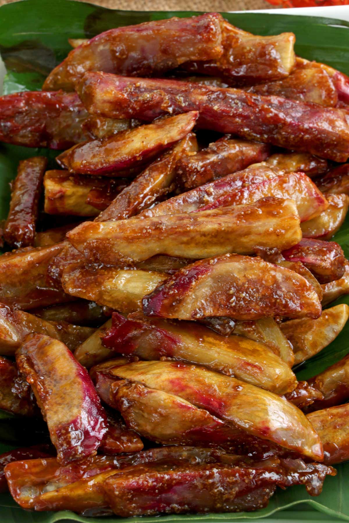 Fried Sweet Potato coated in sugar caramel.