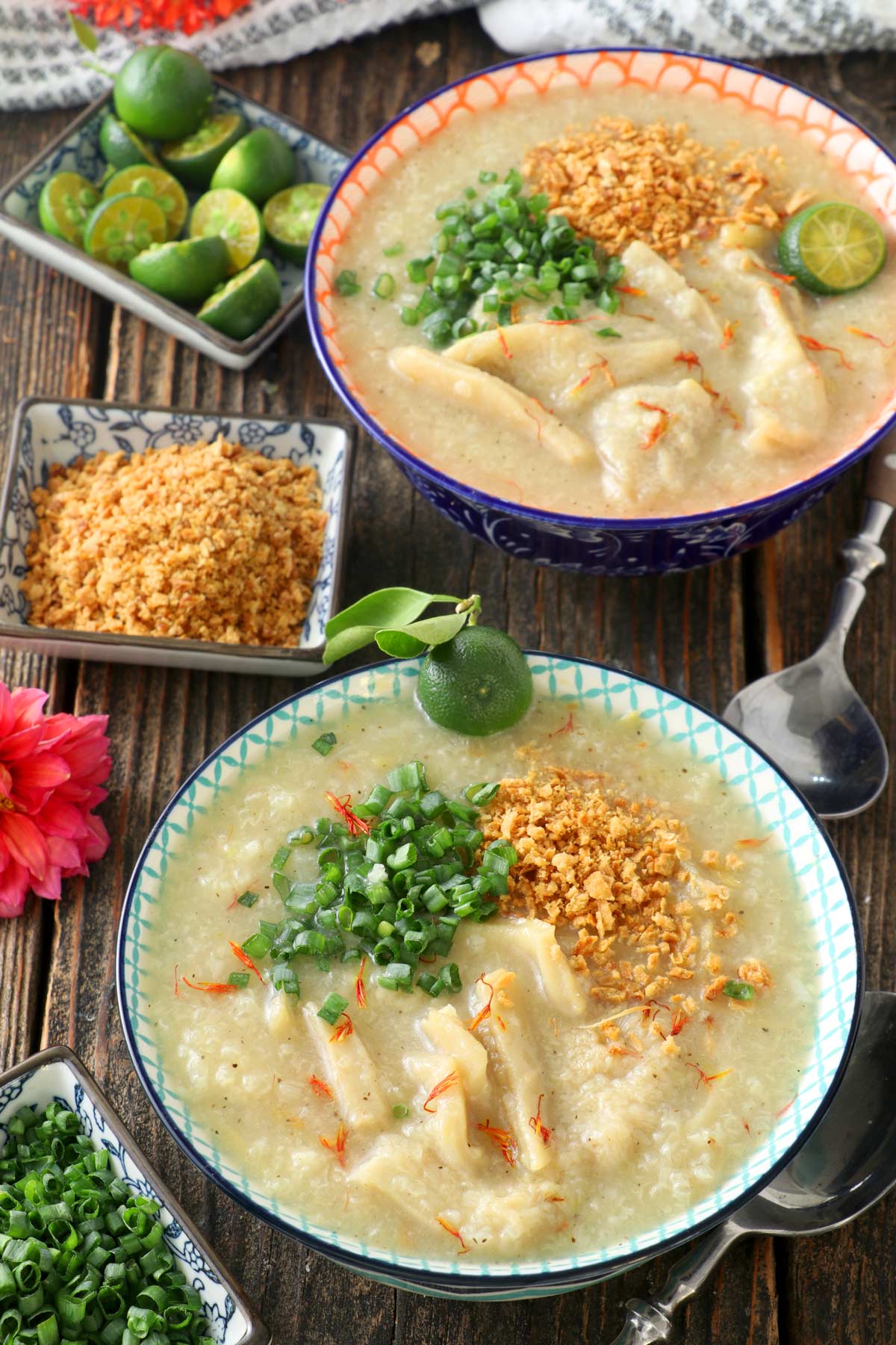 Bowls of goto arroz caldo. 