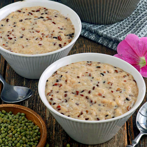 Ginataang Munggo is a sticky rice pudding with toasted mung beans in coconut milk.