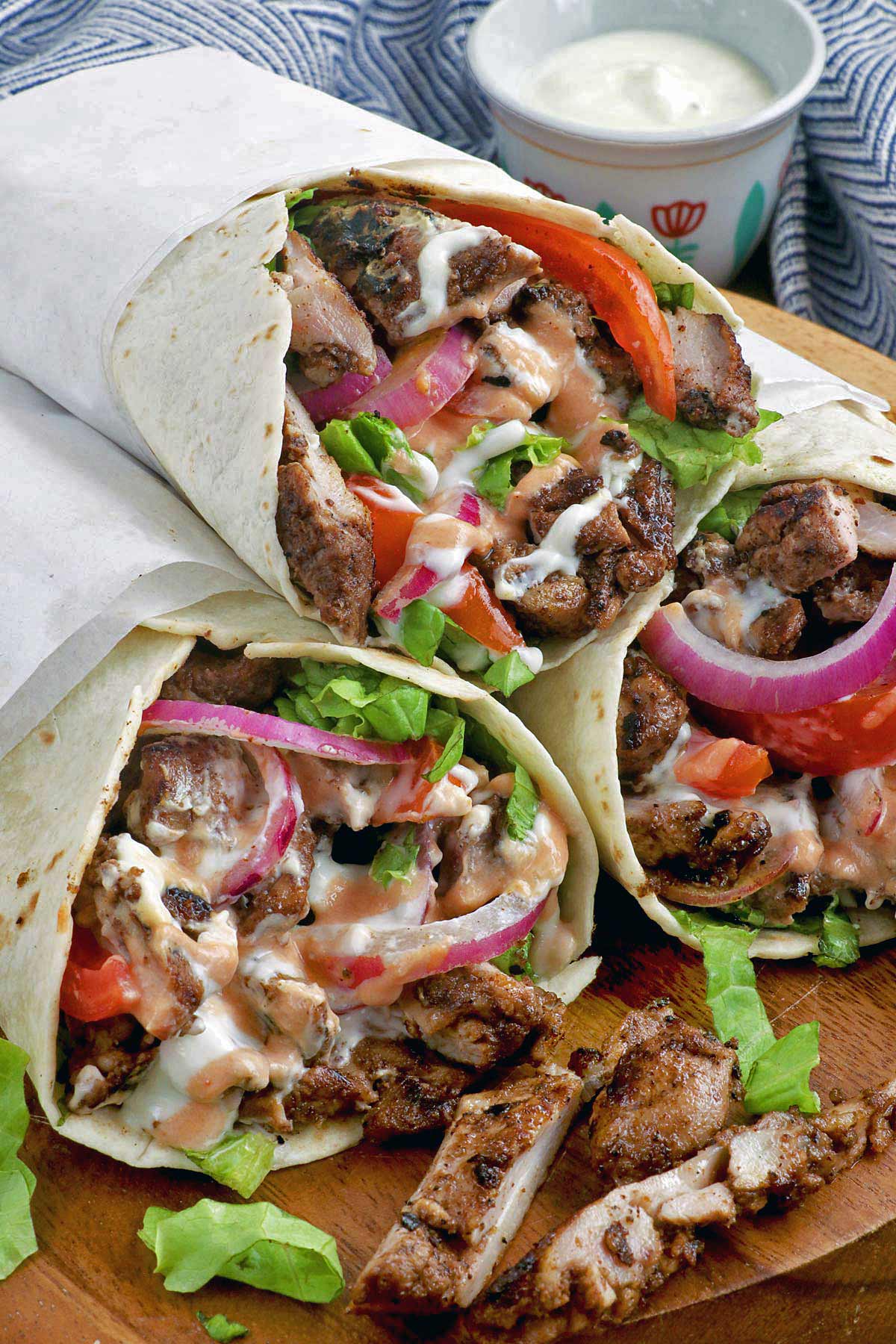 Chicken Shawarma with yogurt-garlic sauce.