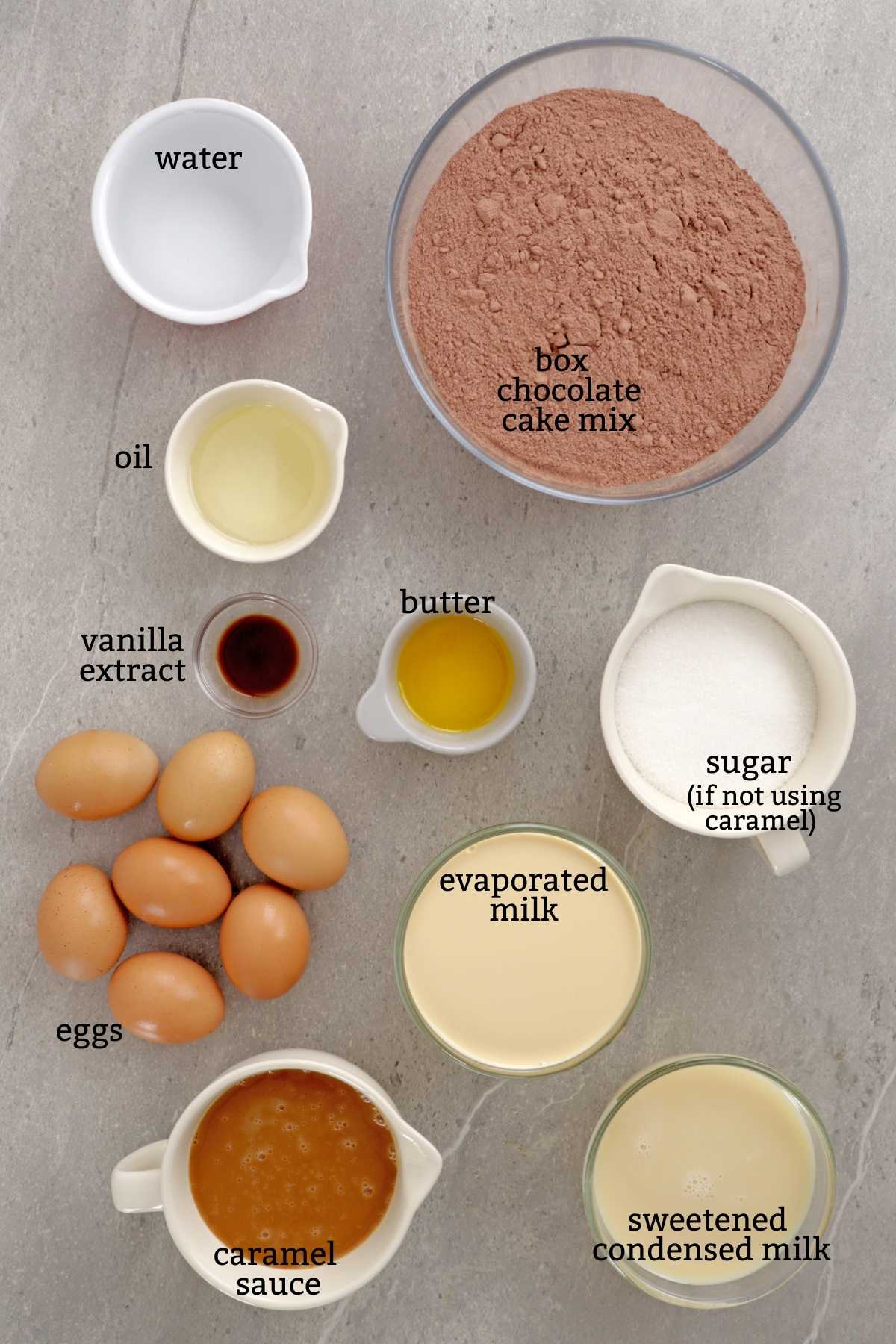 Ingredients for making chocoflan.