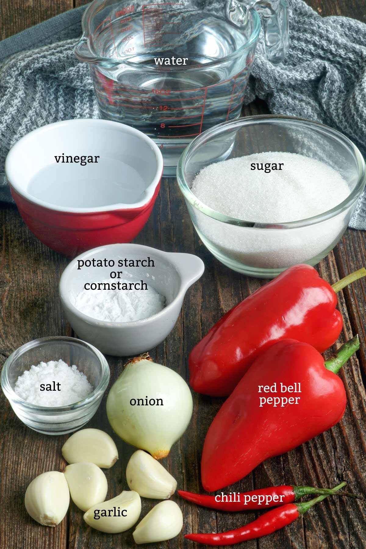 Ingredients for sweet chili sauce.
