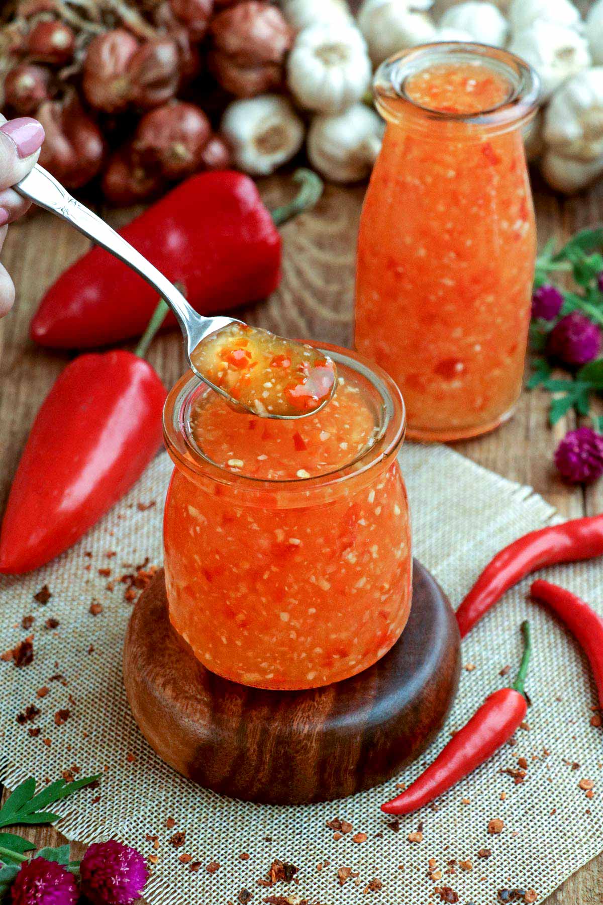 Homemade Sweet Chili sauce in a jar.