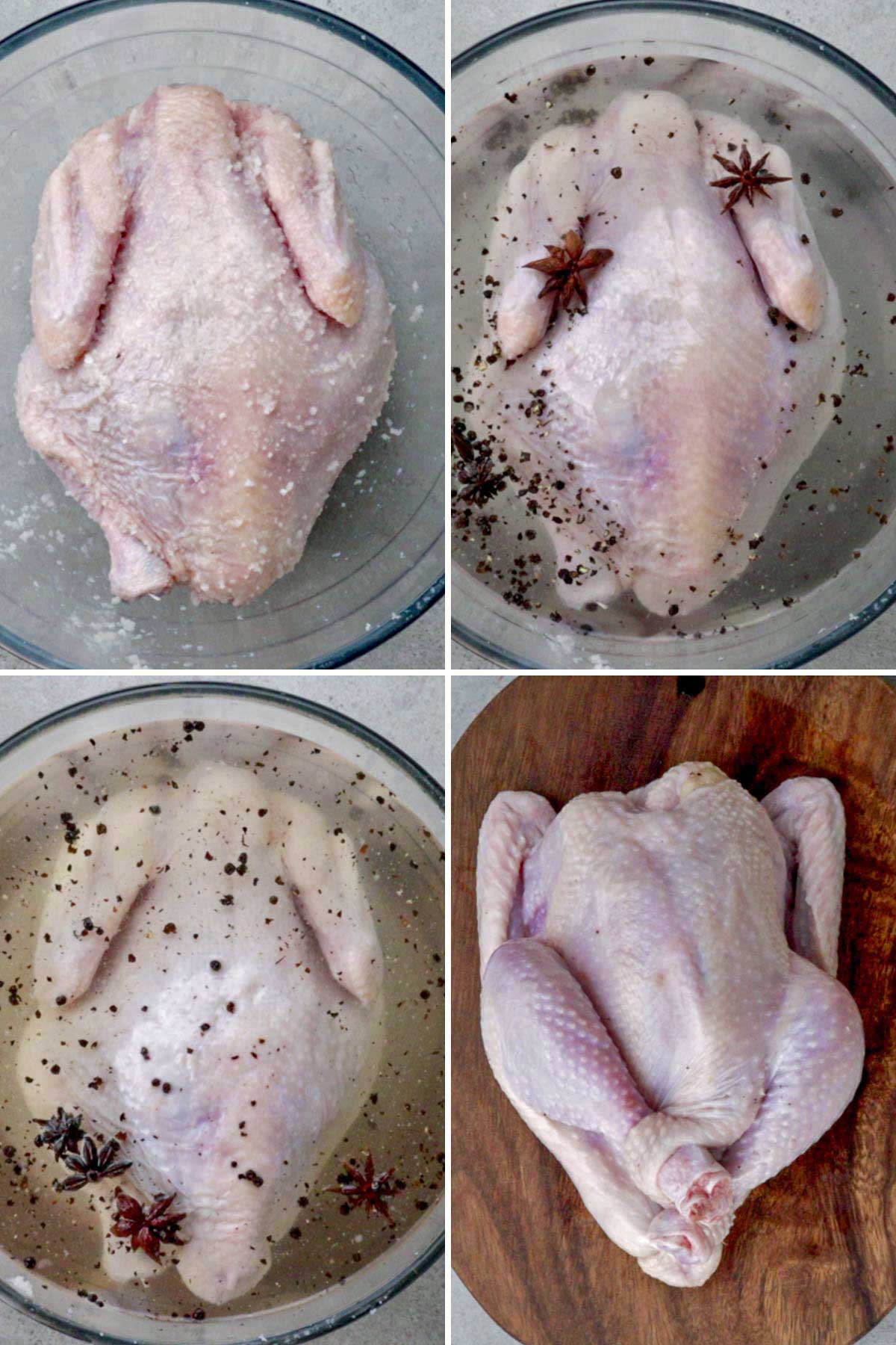 Step-by-step photo on how to brine whole chicken.