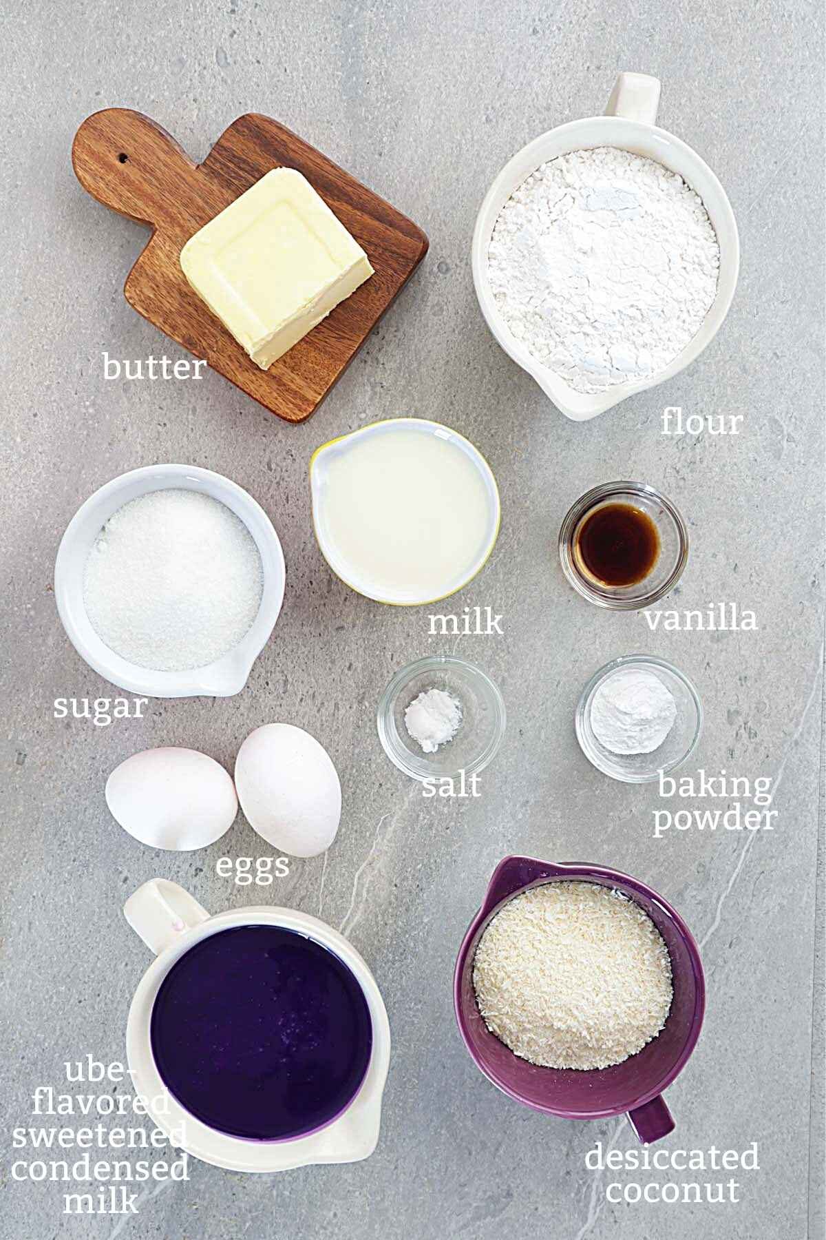 Ingredients for making ube bars.
