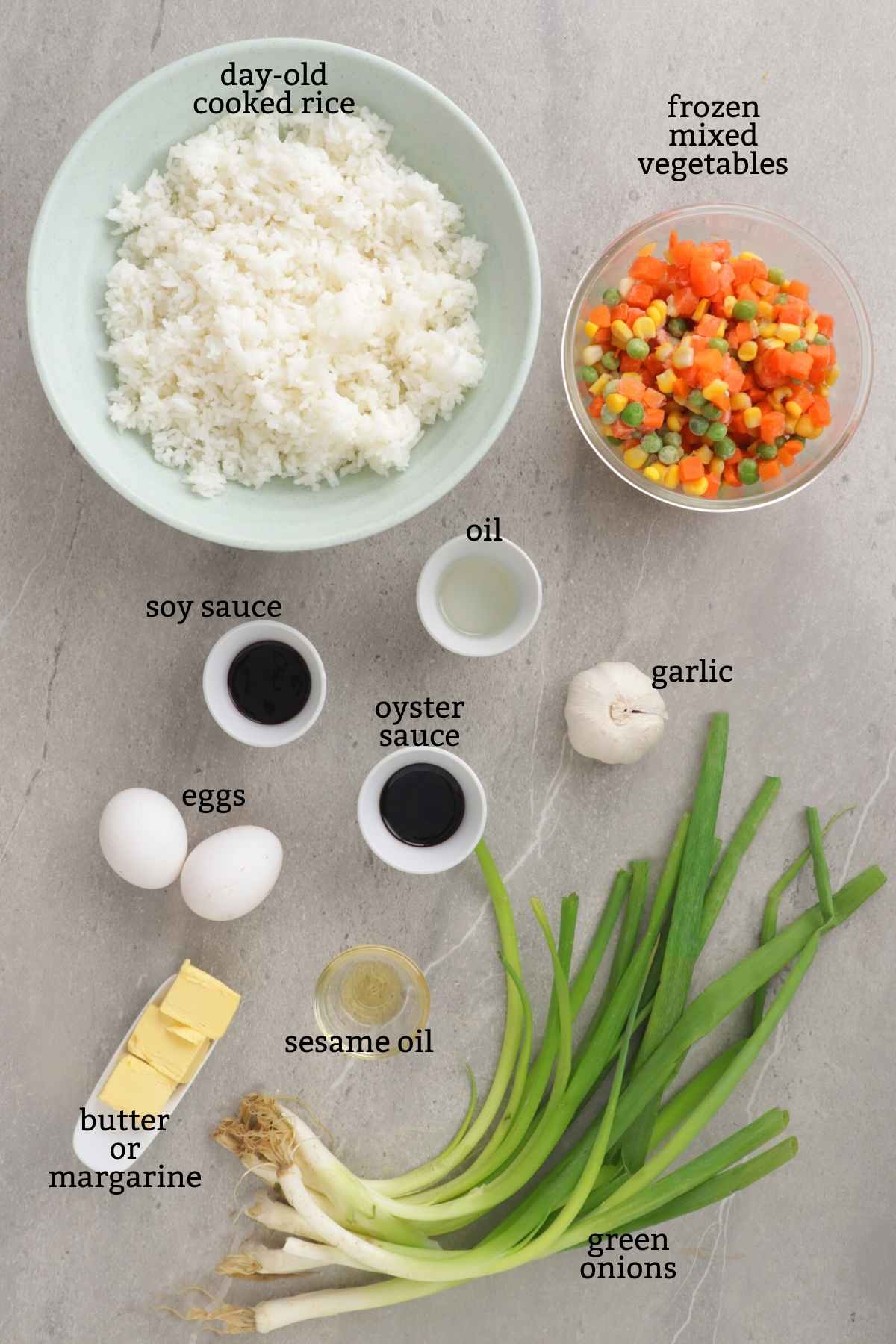 Ingredients for Chinese fried rice.