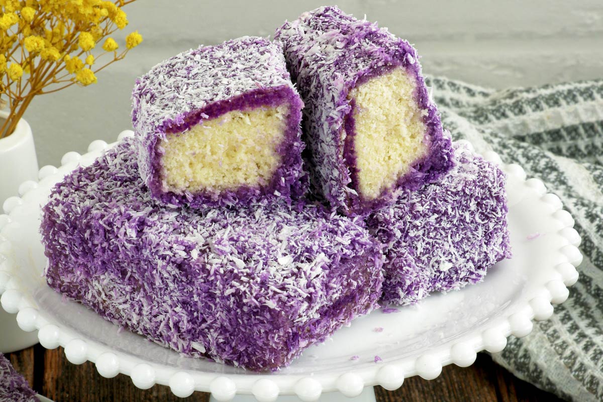 Ube bars or Ube Lamingtons on plate.