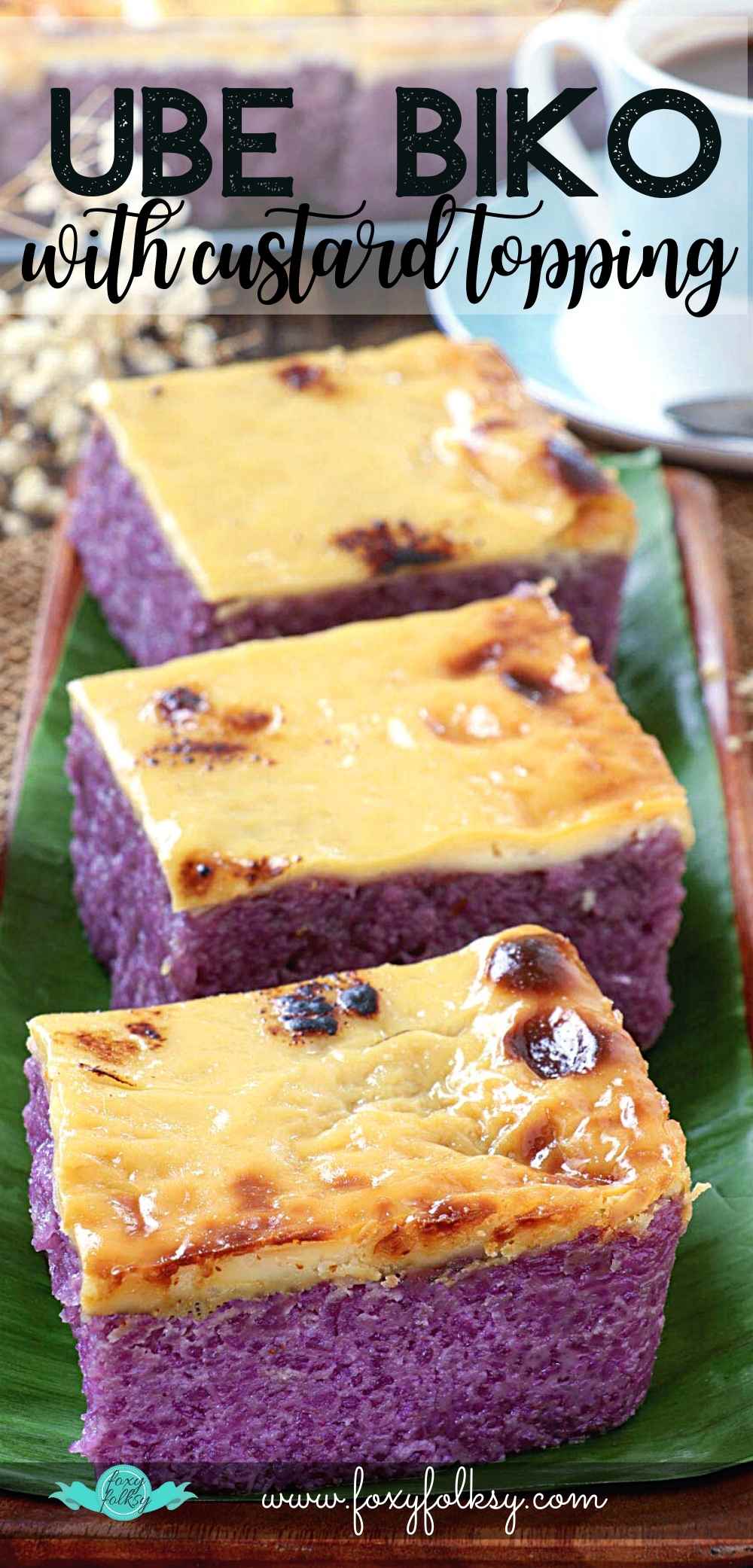 Sticky rice cake with purple yam or ube, topped with custard.