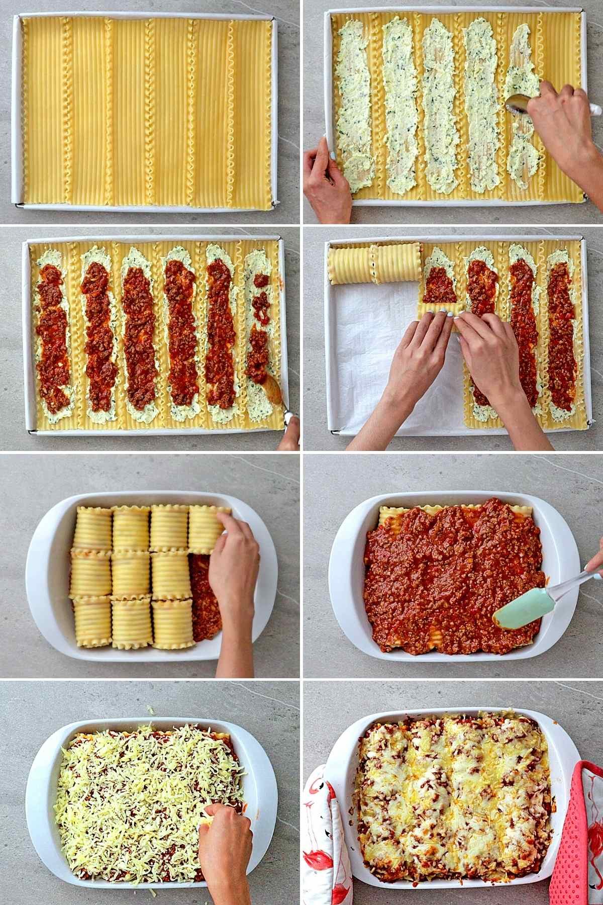 Step-by-step photos in making lasagna roll-ups.