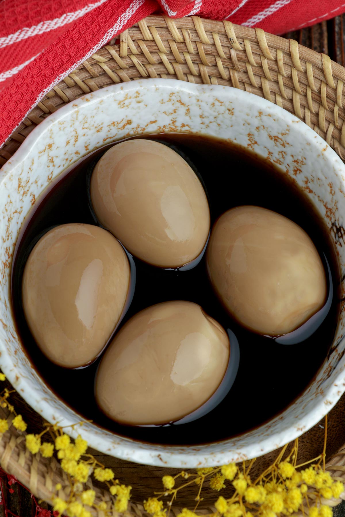 Ramen eggs marinated in soy mixture.