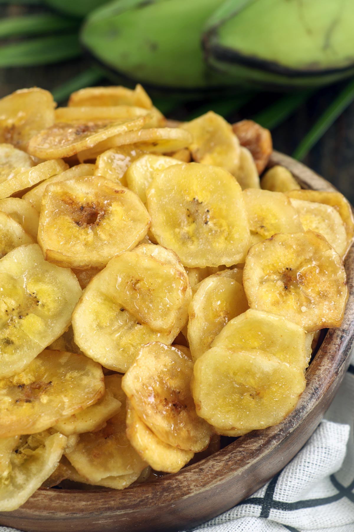 Golden and crisp homemade banana chips.