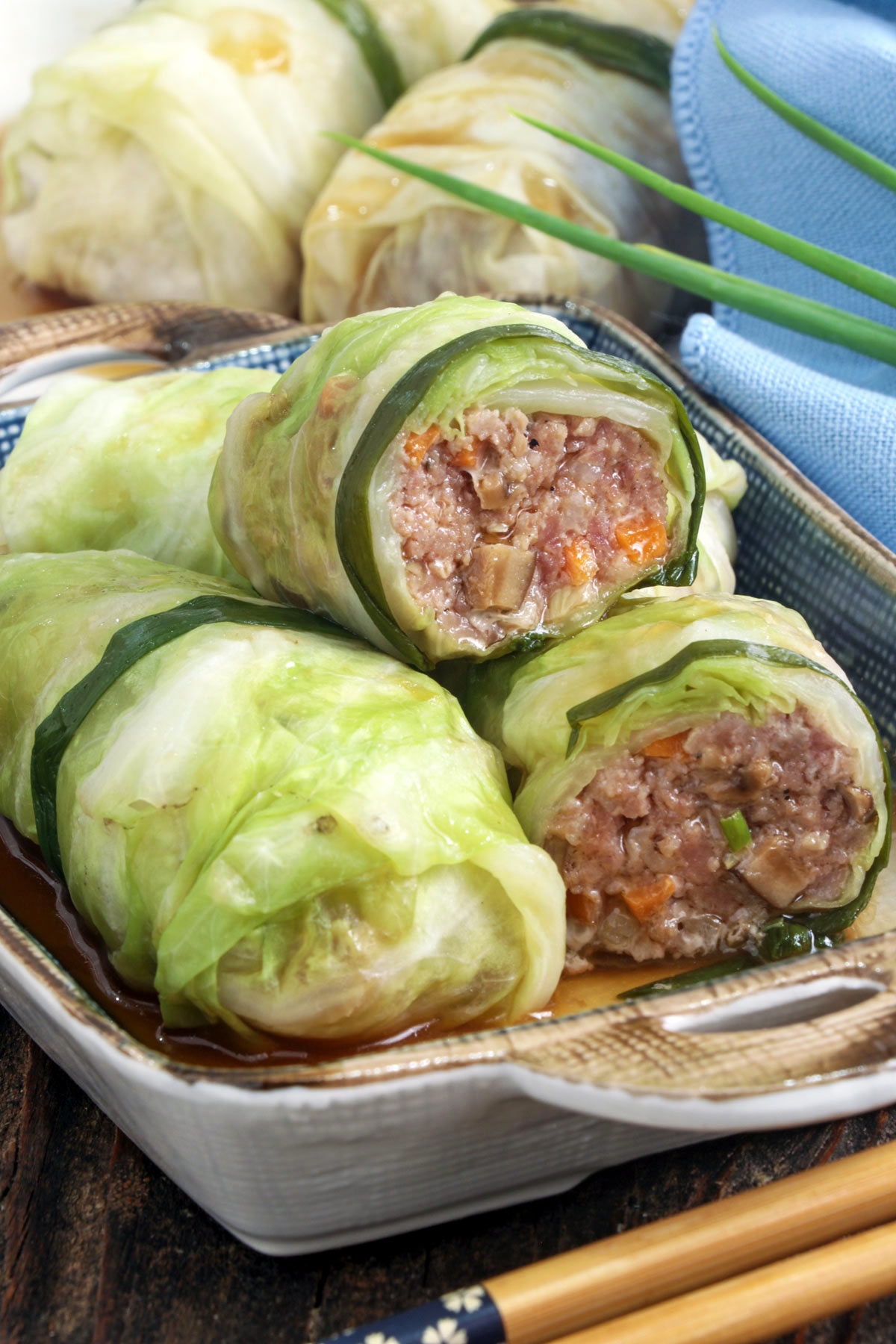 Asian stuffed cabbage rolls with a silky umami sauce.