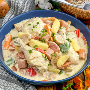 Filipino chicken pastel in a serving bowl.