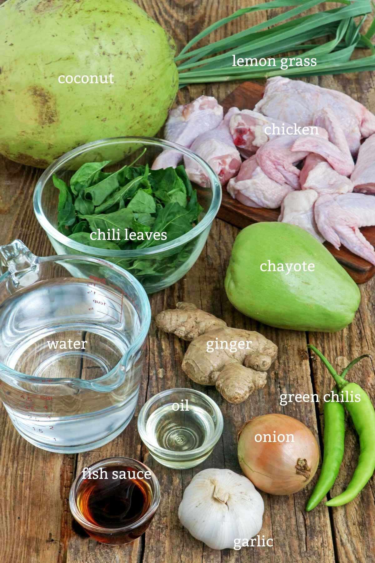Ingredients for chicken binakol.