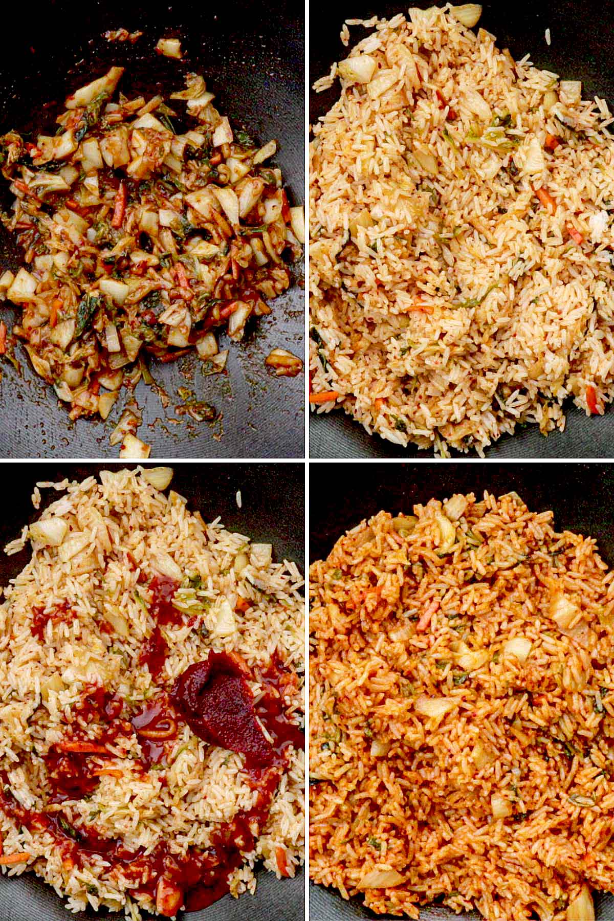 Steps on how to cook kimchi fried rice.