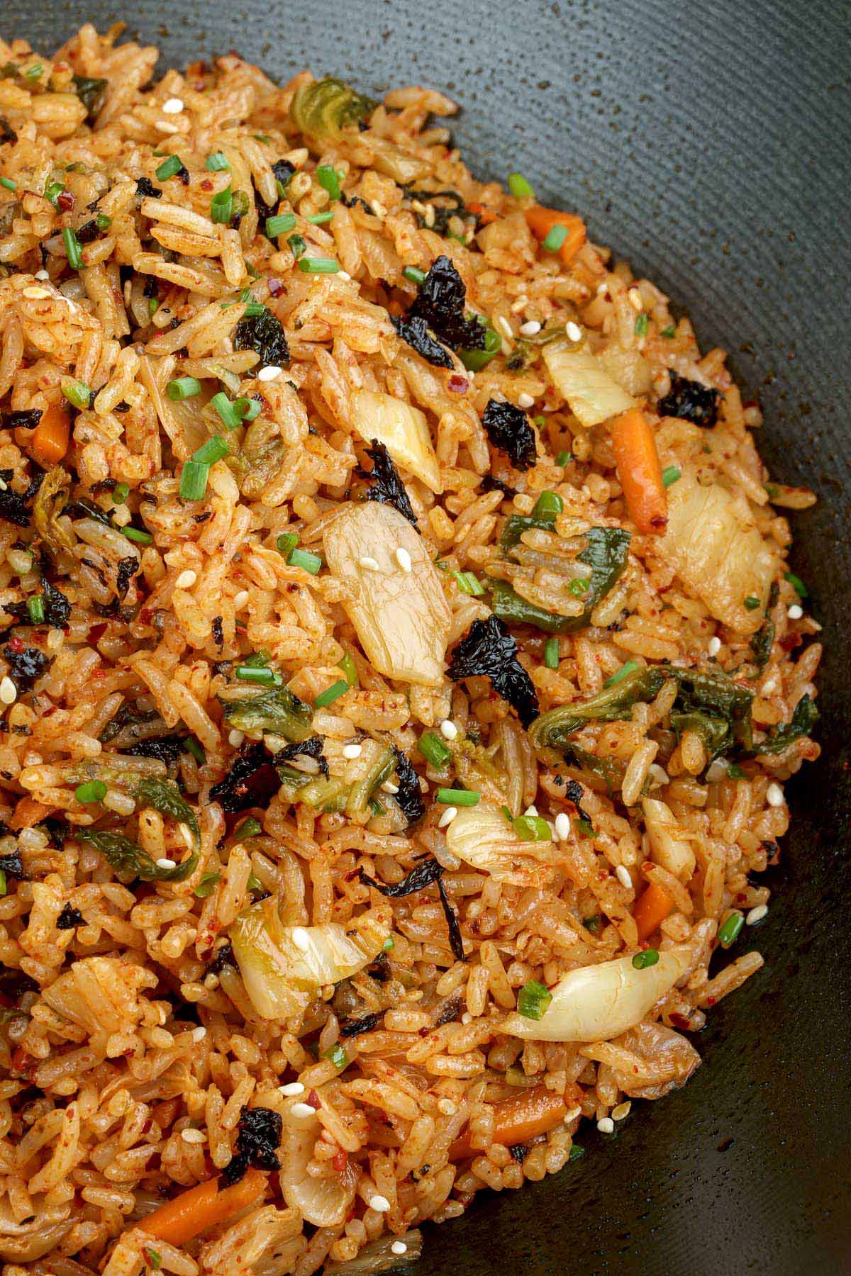 Flavorful kimchi fried rice made with gochujang, sesame oil, and Furikake.