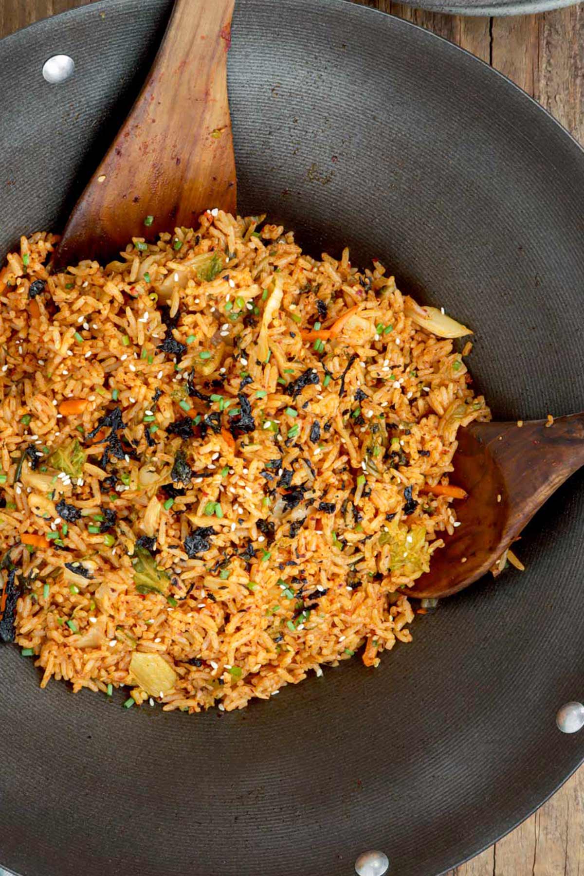 Freshly cooked korean fried rice in a wok.