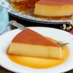 A slice of leche flan made using whole eggs.
