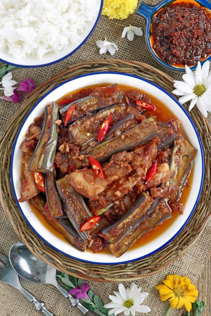 Fried eggplants and pork cooked in bagoong or shrimp paste.