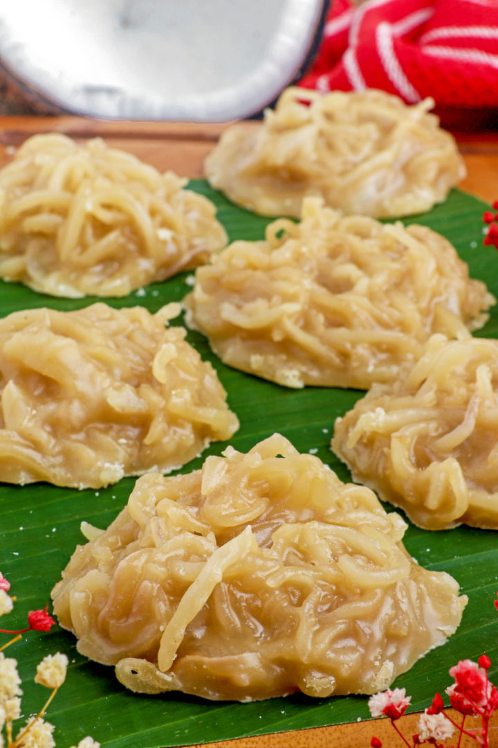 Sweet and chewy Bukayo made from young coconut strips and caramelized sugar.